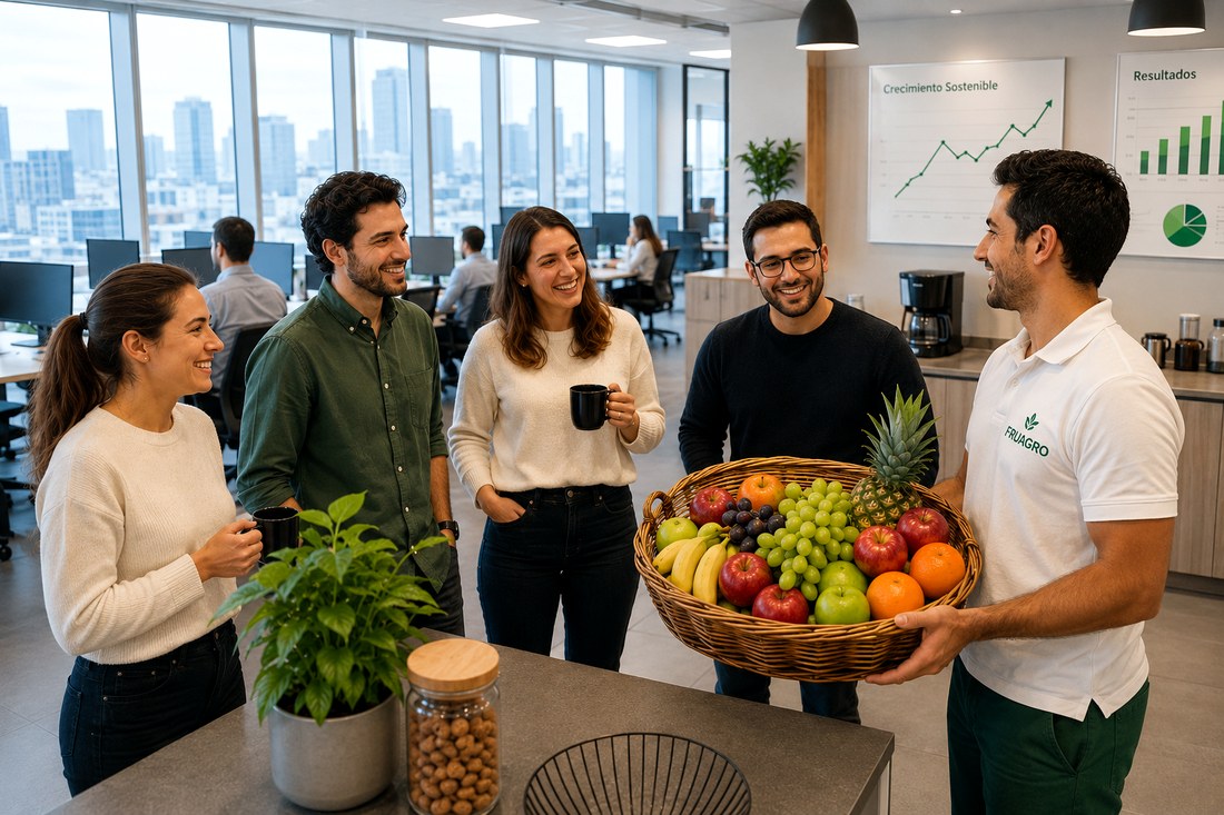 Equipo disfrutando Fruit Break en oficina